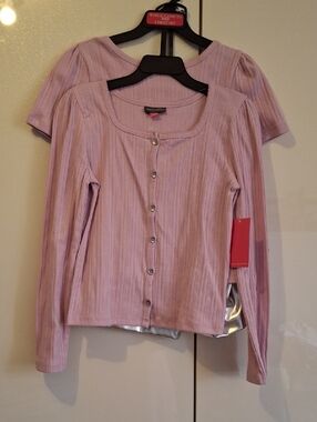 Vince Camuto Lavender Rib-Knit Button Front Top